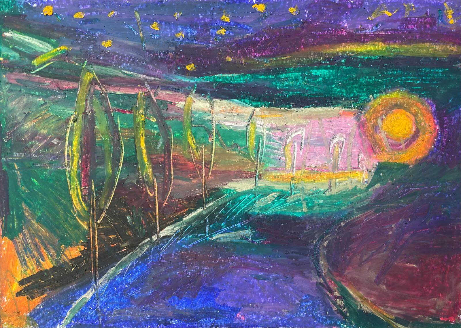 חלום ליל קיץ, oil pastel on paper, 29x21 cm, 2024