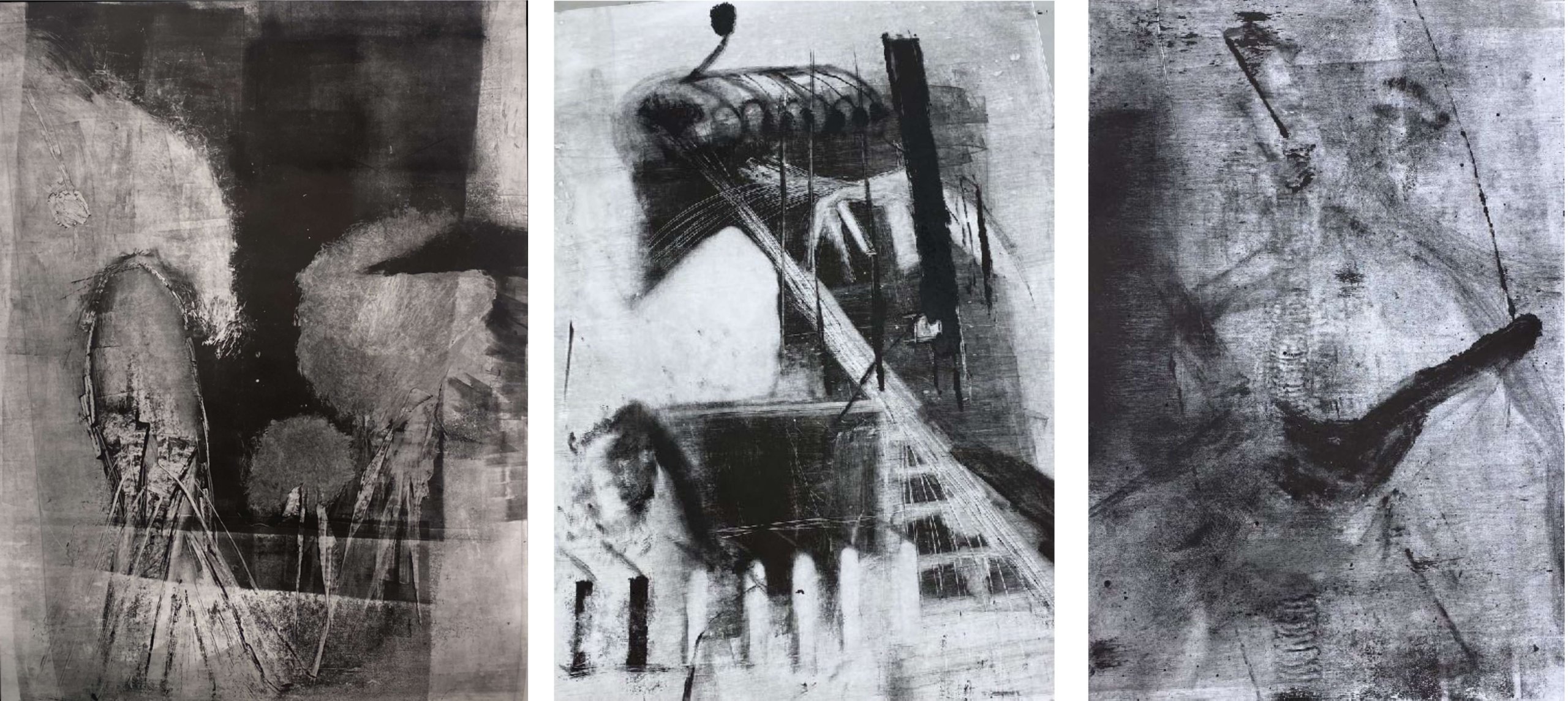 היפרקפניה, טריפטיך, 2024, הדפסי מונוטייפ, 100x70