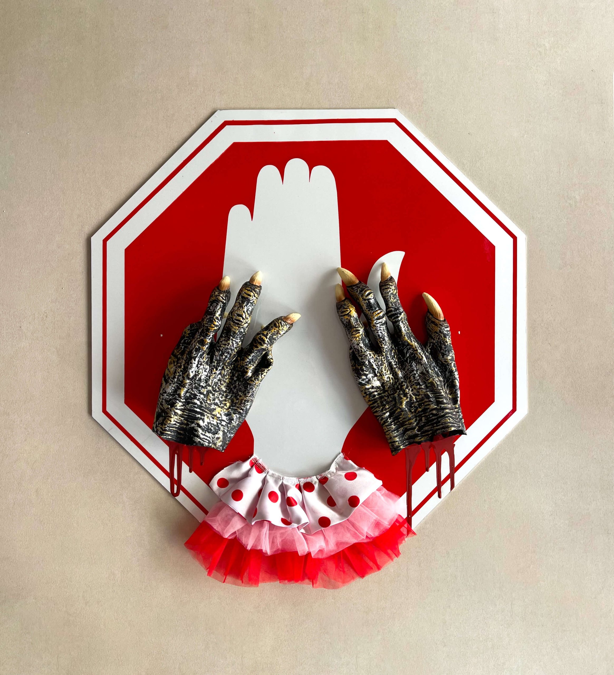 Mom & Dad, stop sign, latex, fake blood, toil, 40 x 40