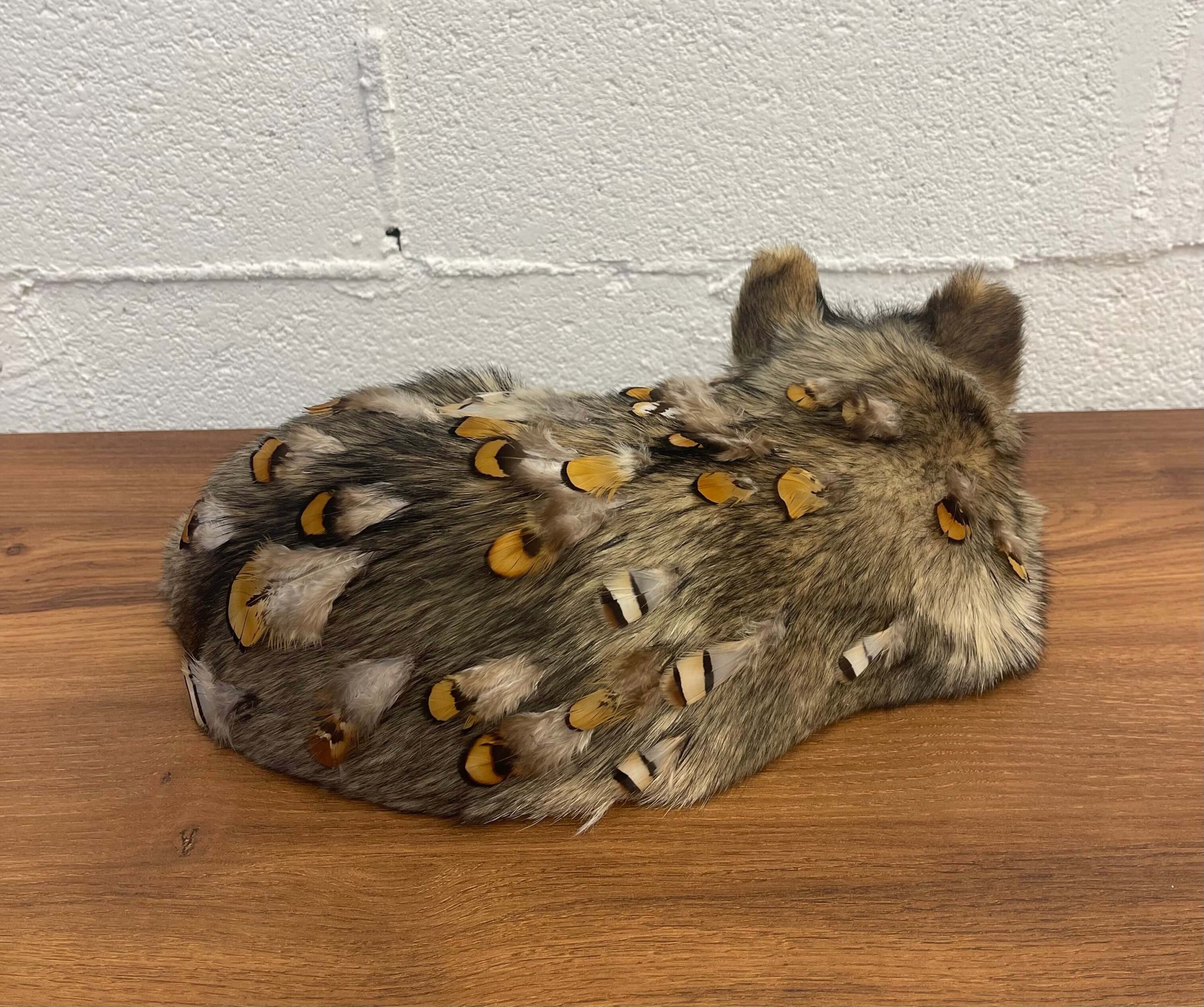 cocoon, plastic, fur, feathers, 25 x 15, 2026